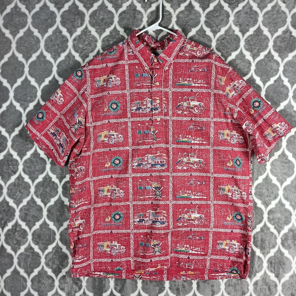 Vintage Reyn Spooner Shirt Mens 2XL Red Newport Beach Fire Marine Rescue